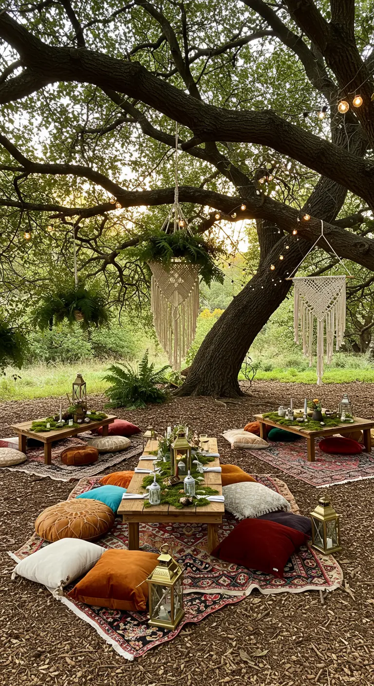 Bohemian picknick-stijl diner onder een grote boom met tapijten, kussens, macramé en lantaarns.