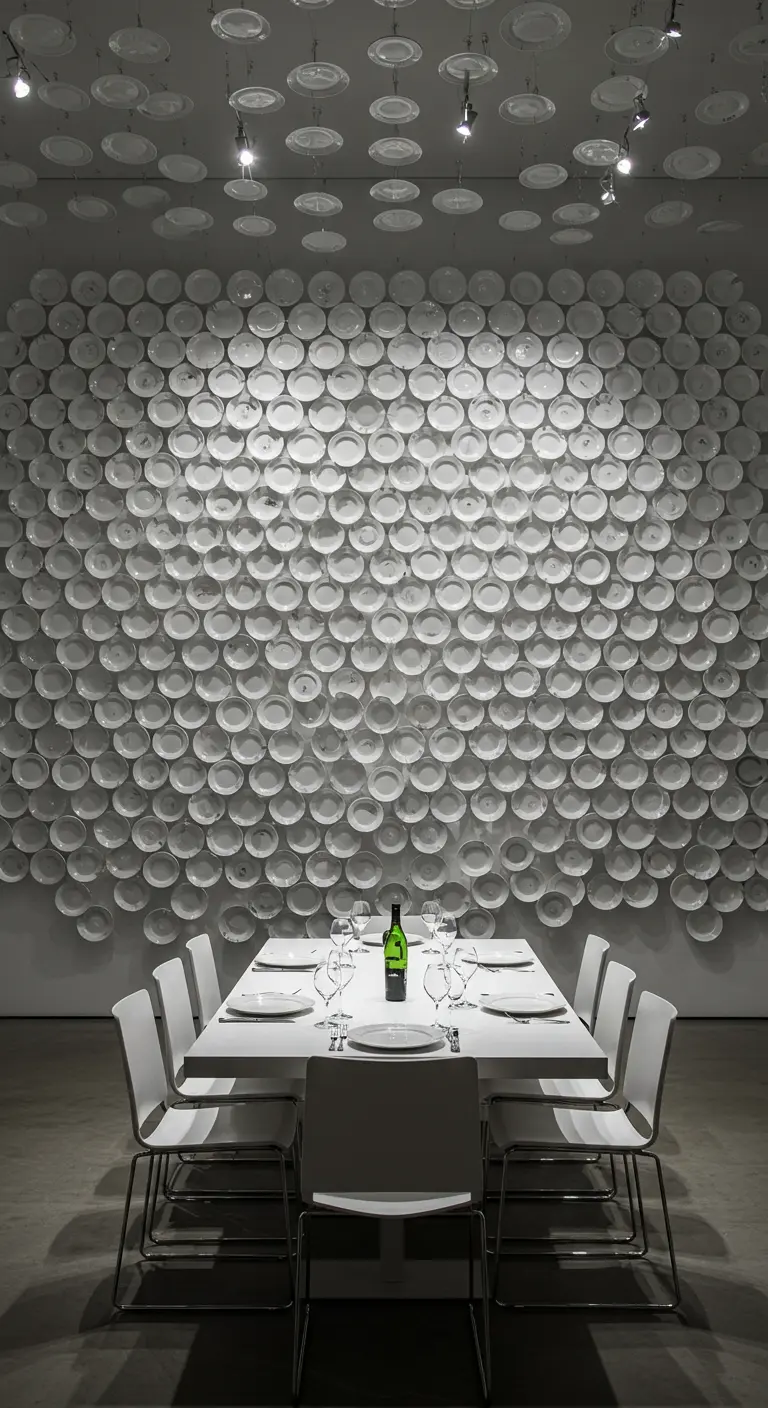 Een muur volledig bedekt met witte borden achter een minimalistisch gedekte tafel.