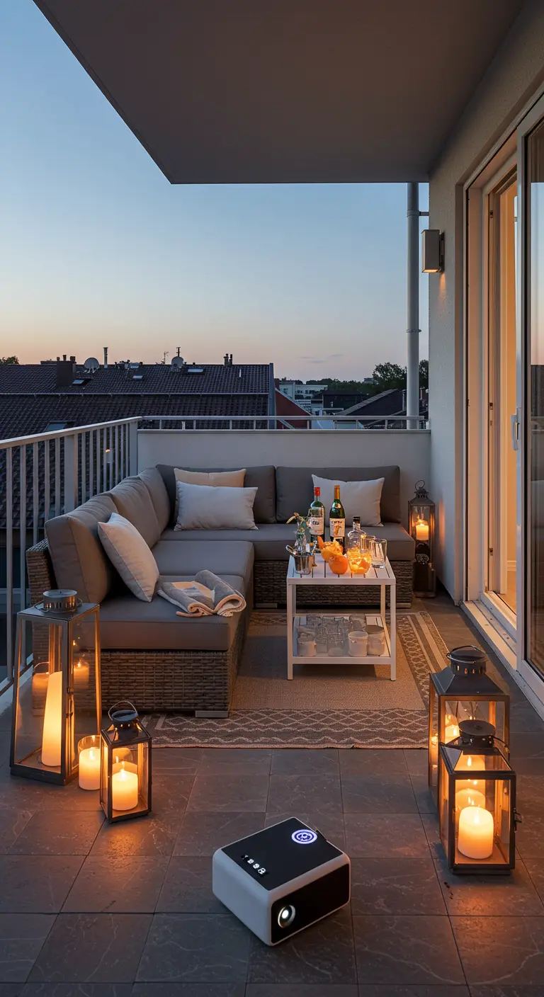 Stijlvol balkon met een grijze loungebank, veel lantaarns met kaarsen en een kleine beamer.