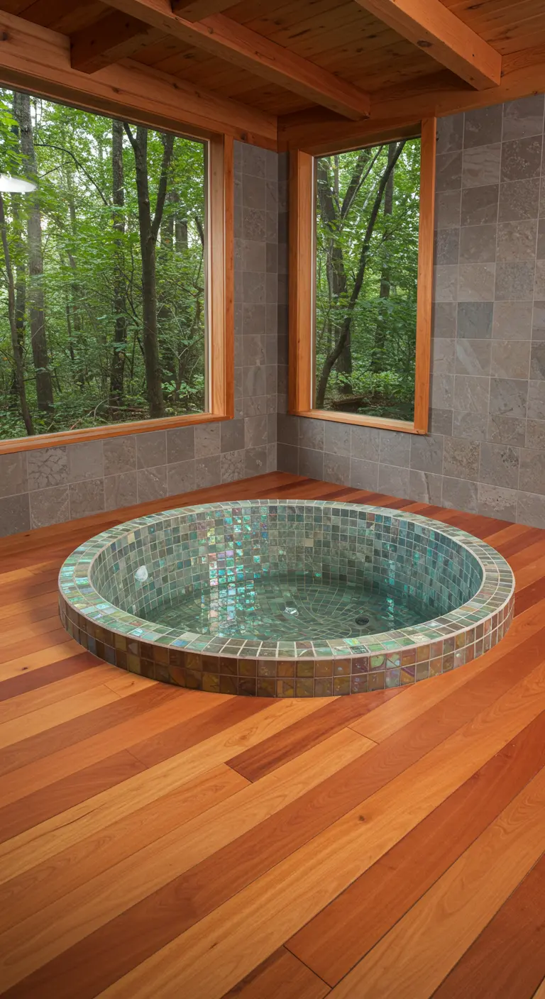 Rond, verzonken bad met mozaïektegels in een badkamer met houten vloer en uitzicht op het bos.