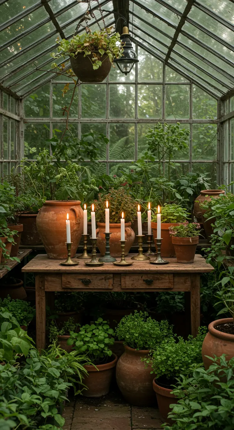 Oude houten tafel in een kas vol planten, met brandende kaarsen in messing kandelaars.