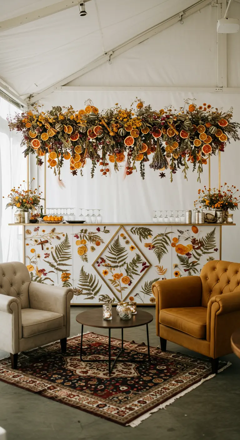 Stijlvolle bar met een front van geperste bloemen en een grote bloemeninstallatie erboven.