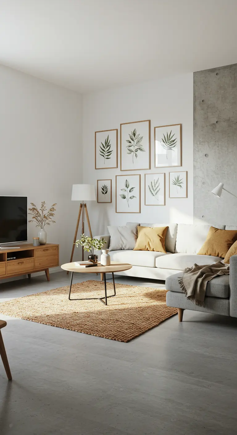 Lichte woonkamer met betonnen accentmuur, een witte bank en een galeriewand met botanische prints.