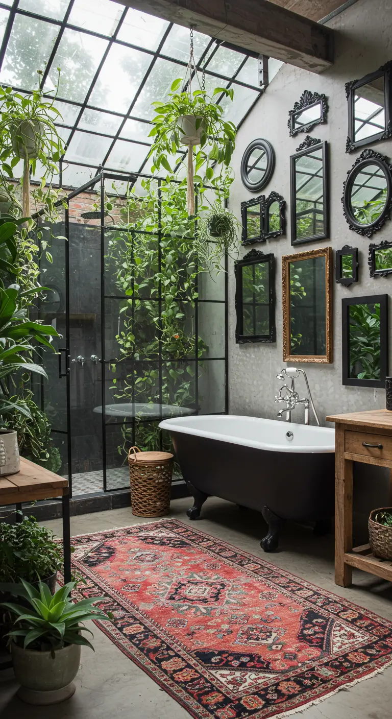 Badkamer in kas-stijl met planten, vrijstaand bad en een muur vol spiegels.