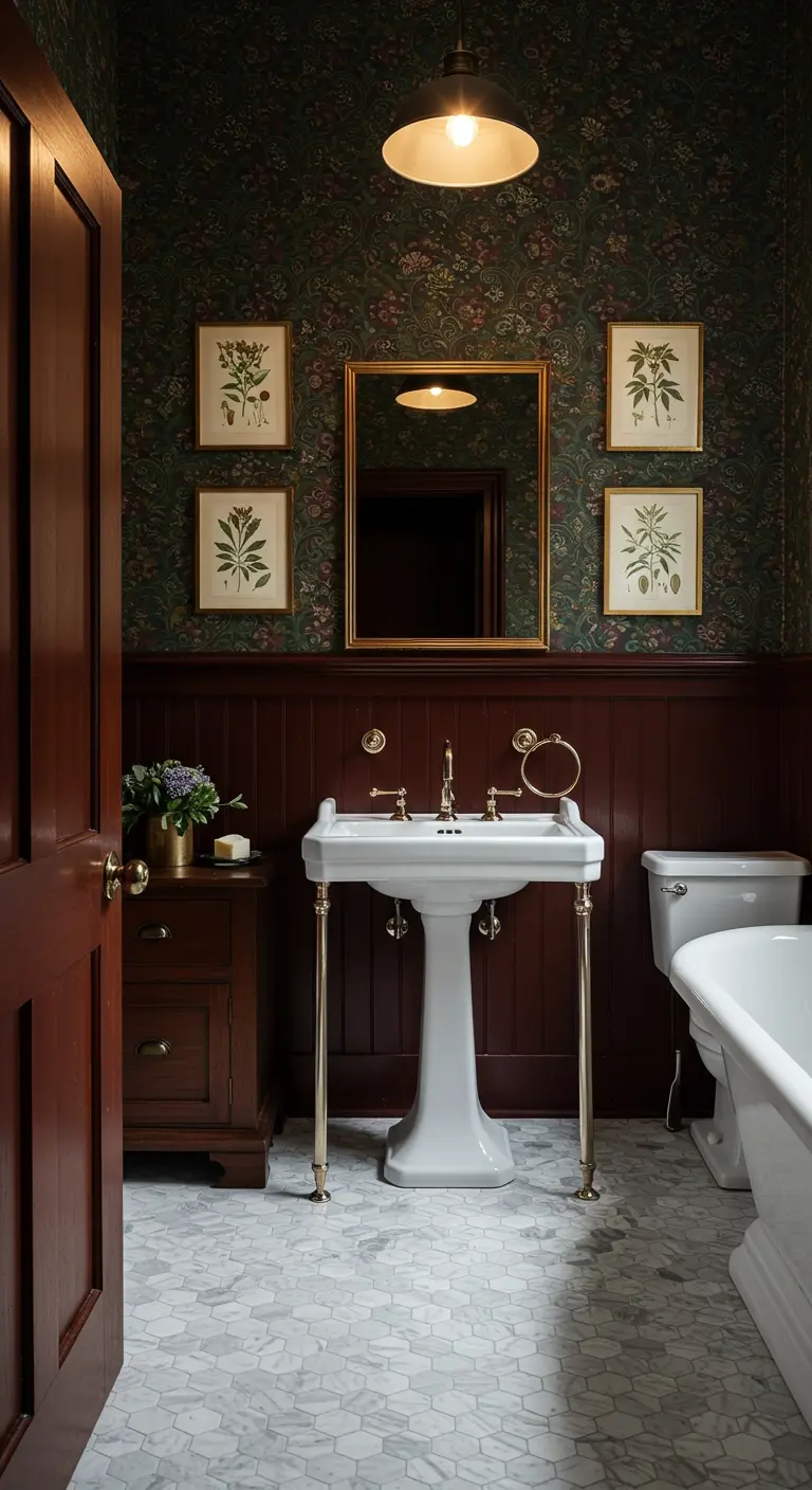 Donkere badkamer met botanisch behang, houten lambrisering en vier ingelijste botanische tekeningen.