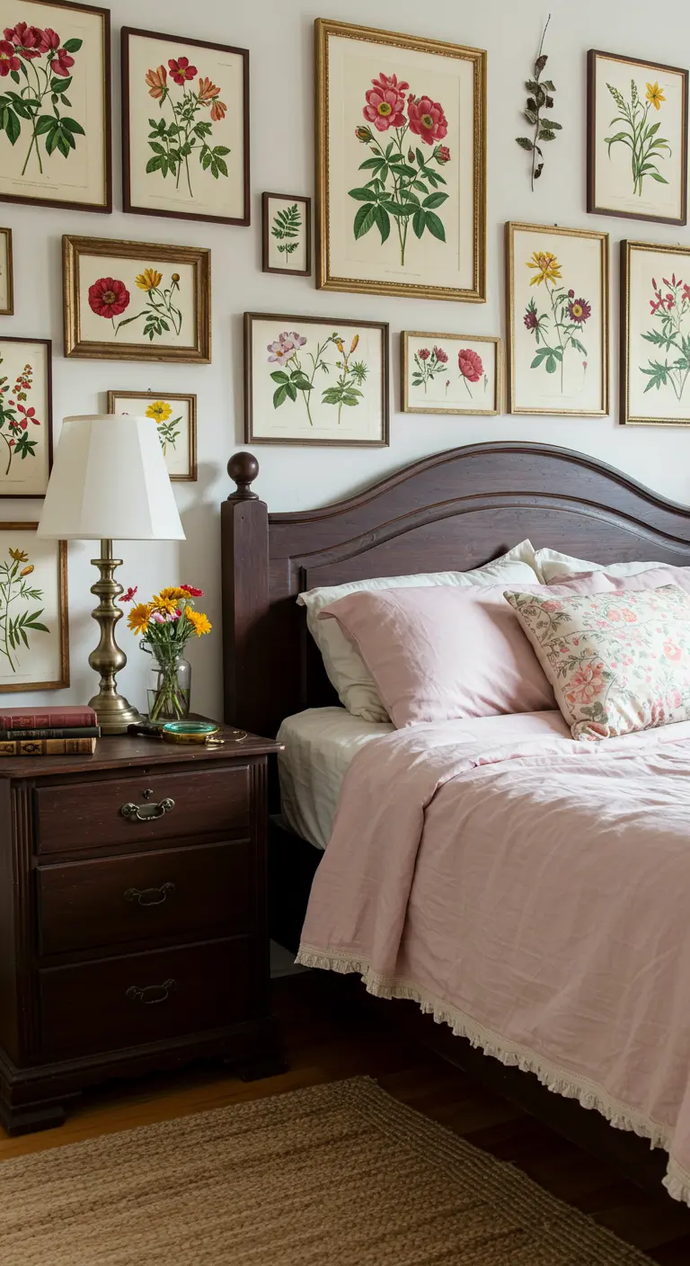 Slaapkamer met een galerijmuur vol botanische bloemenprenten boven een bed met roze beddengoed.