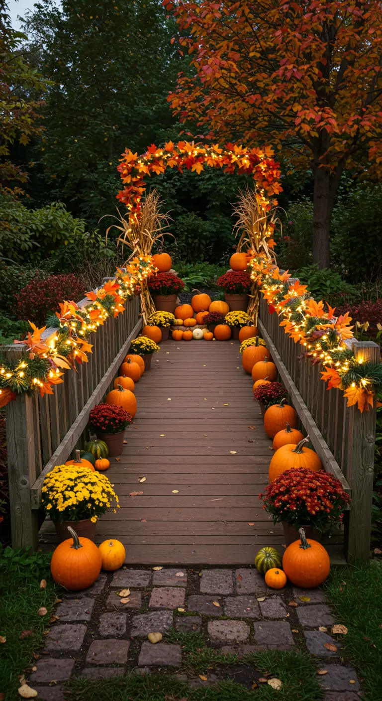 Houten brug rijkelijk versierd met een boog van herfstbladeren, lichtjes en pompoenen.