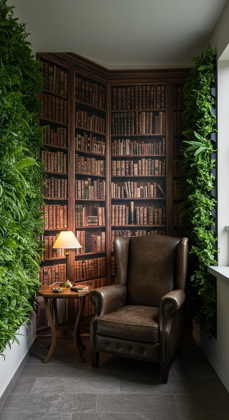 Knus balkon ingericht als bibliotheek met een boekenkast-muurschildering en groene wanden