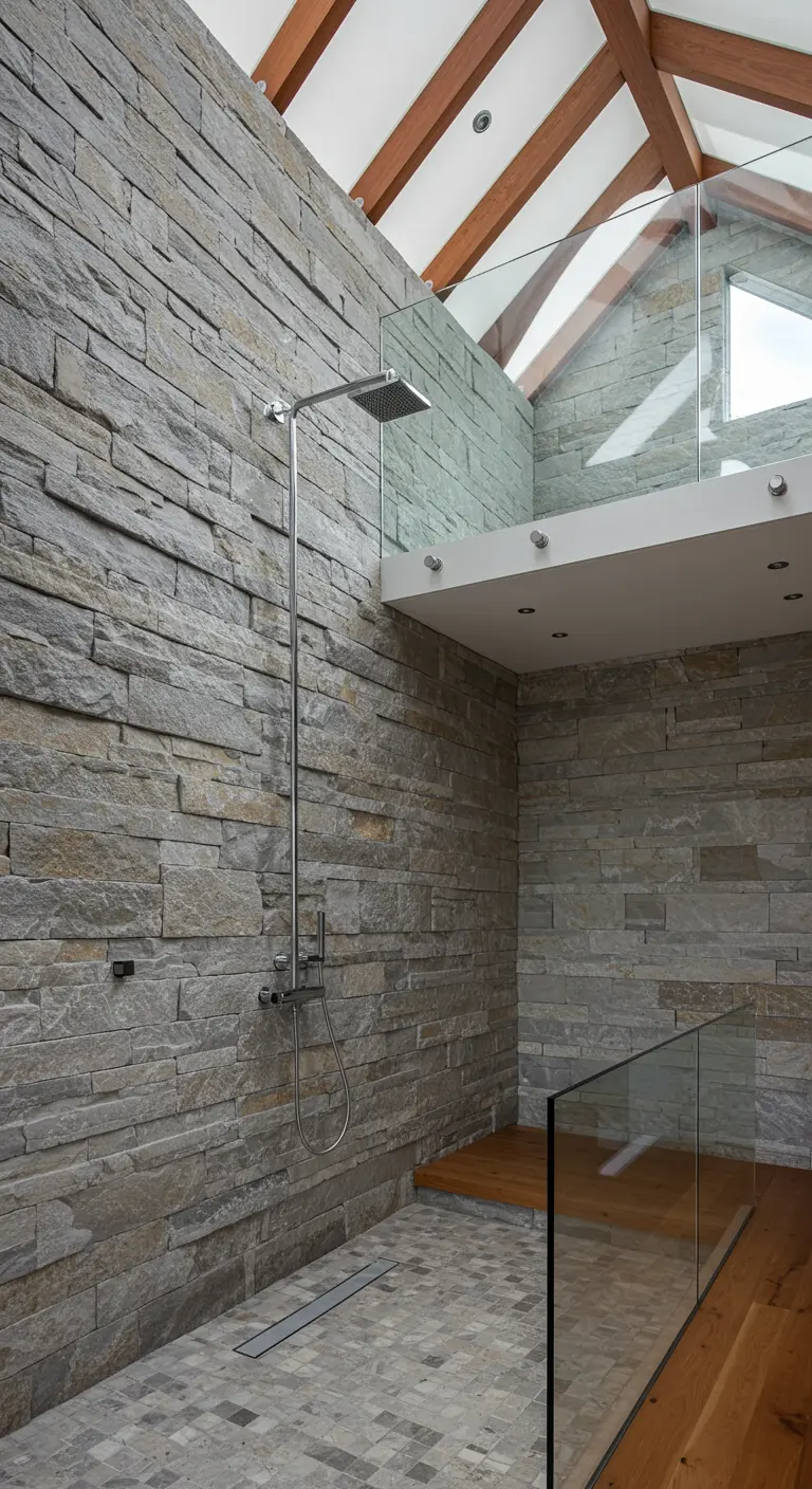 Douche met ruwe steenwand, houten balkenplafond en glazen wanden.