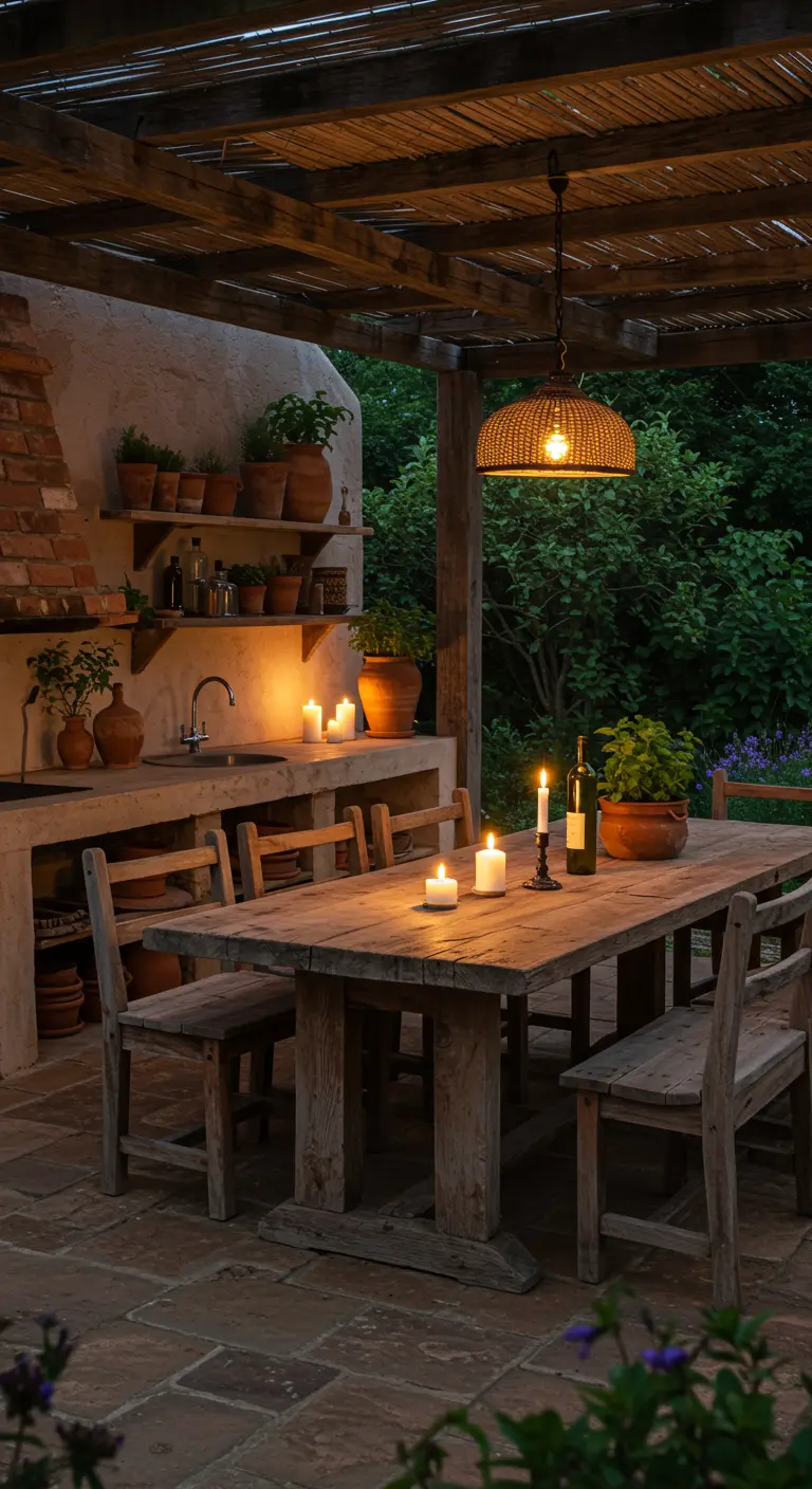 Rustieke buitenkeuken met een houten eettafel en een grote rotan hanglamp.