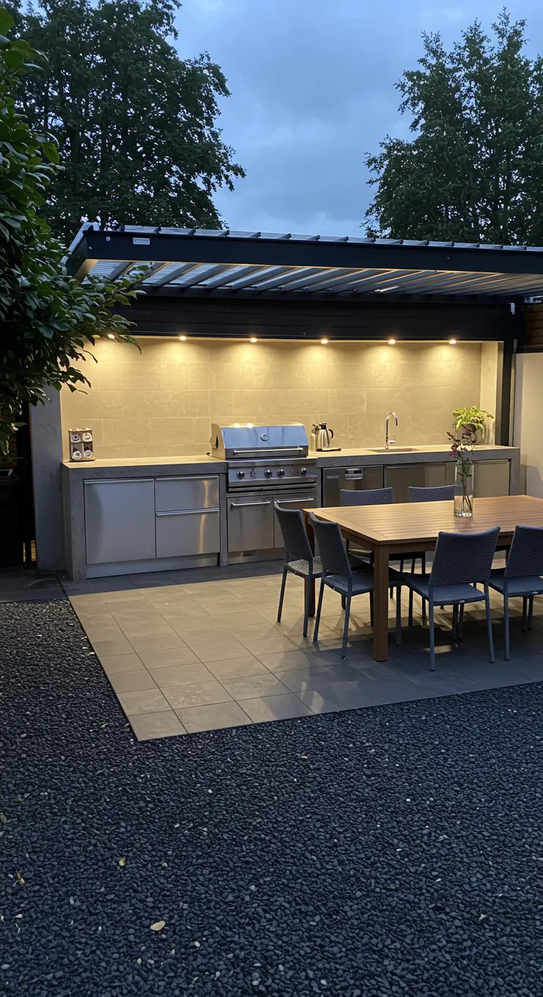 Moderne buitenkeuken met inbouwspots, een eettafel en een donkere grindvloer.