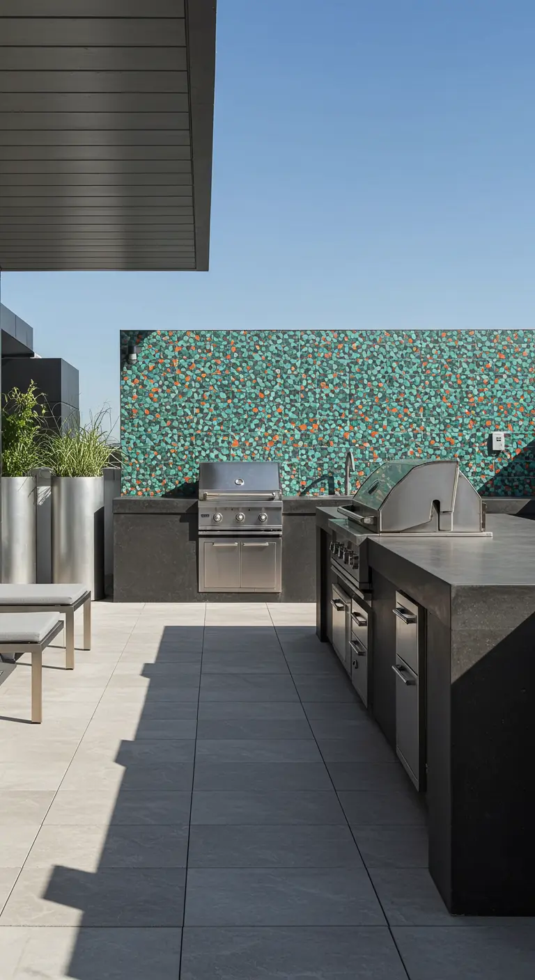Moderne buitenkeuken op dakterras met een mozaïek achterwand in groen- en kopertinten.