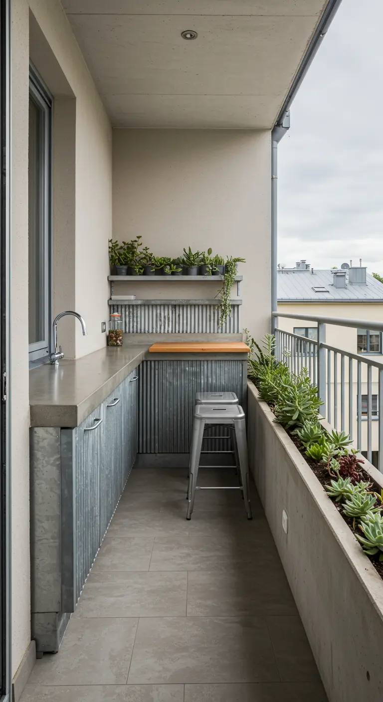 Smal balkon met een buitenkeuken van gegalvaniseerd staal en een betonnen blad.