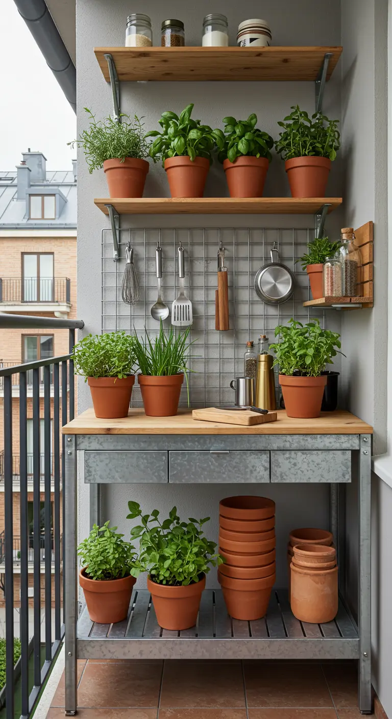 Buitenkeuken op balkon met werkbank en hangrek voor keukengerei en kruiden.