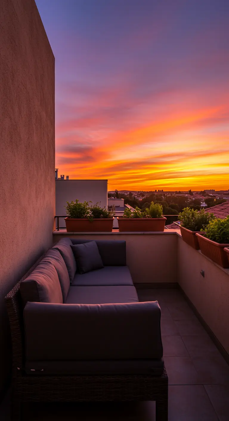 Balkon met een grote, comfortabele grijze loungebank en uitzicht op zonsondergang.