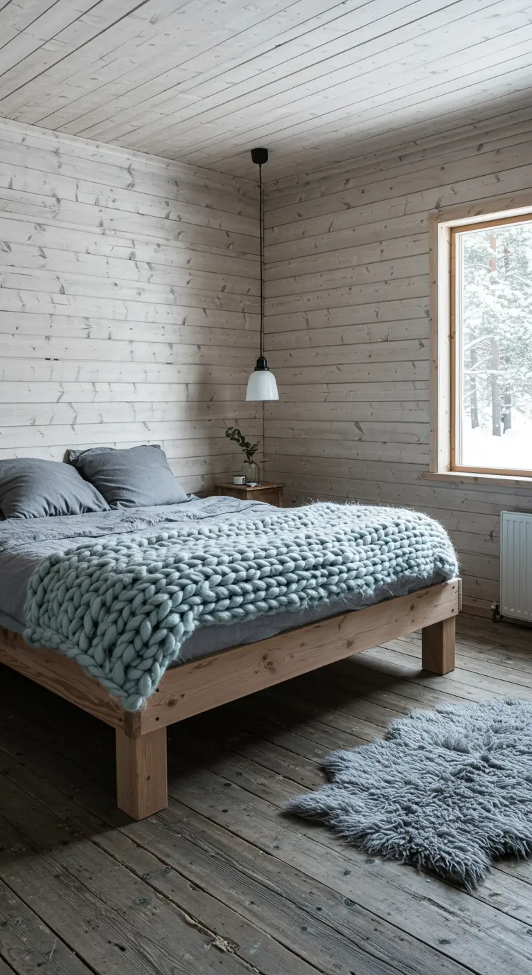 Scandinavische blokhutslaapkamer met witgekalkt hout en een chunky gebreid deken.