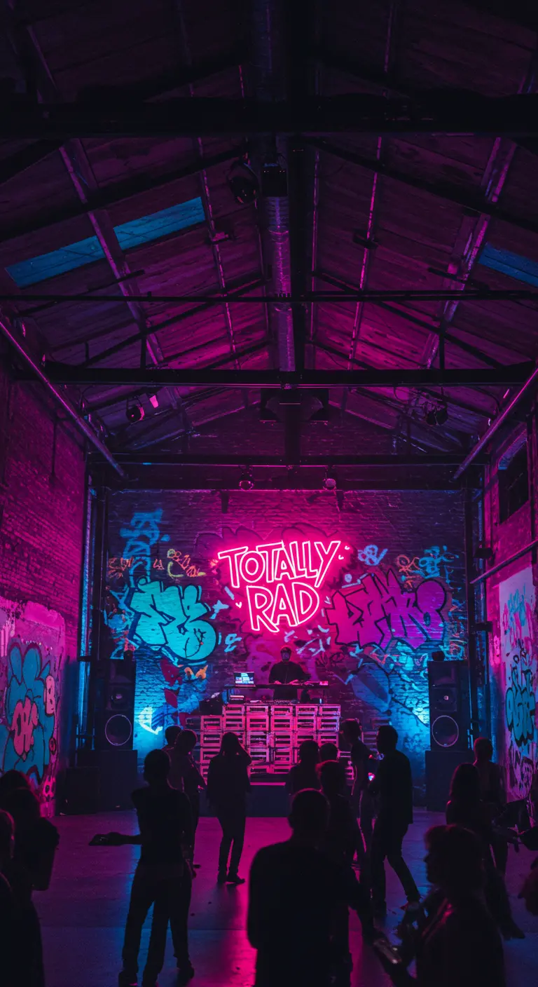 Feestruimte met graffiti en een groot roze neonbord met de tekst 'Totally Rad'.