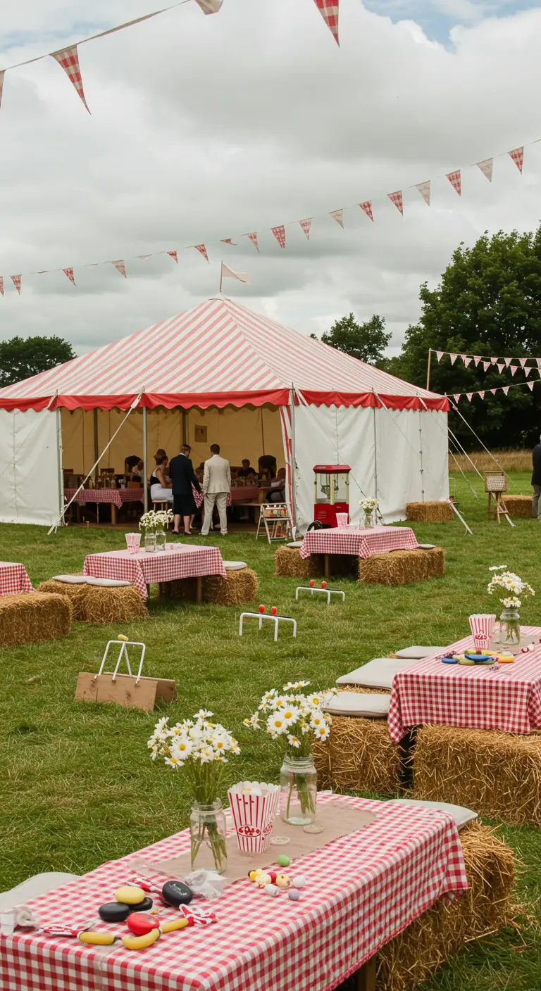 Buitenfeest in country fair-stijl met hooibalen, geblokte tafelkleden en een circustent.