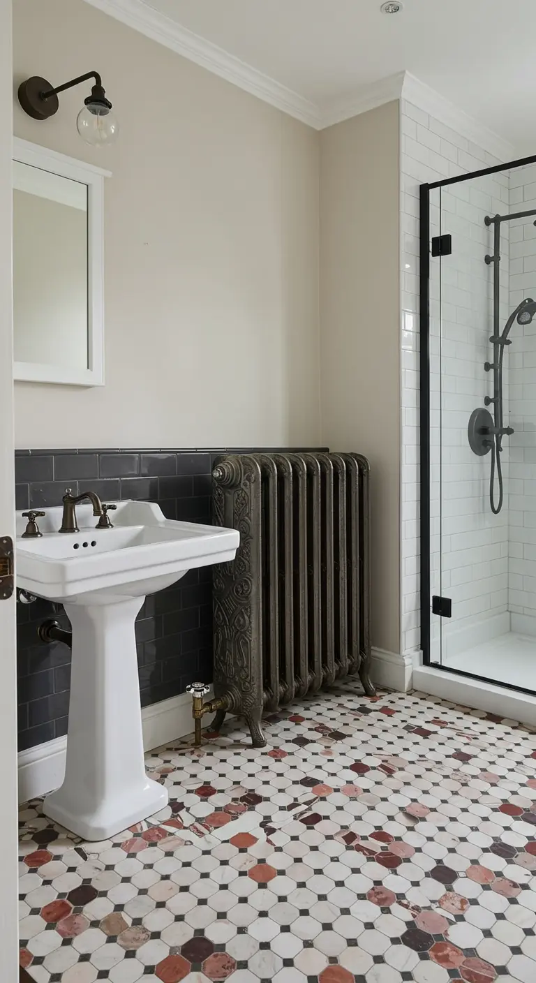 Badkamer met een vintage gietijzeren radiator en een kleurrijke patroonvloer.