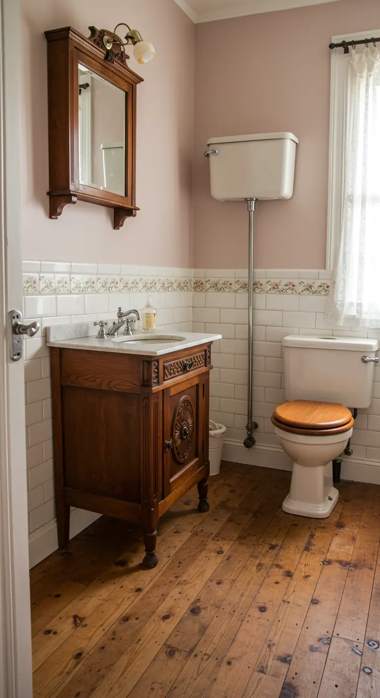 Klassieke badkamer met witte metrotegels, een smalle bloemen-tegelrand en een antiek houten meubel.