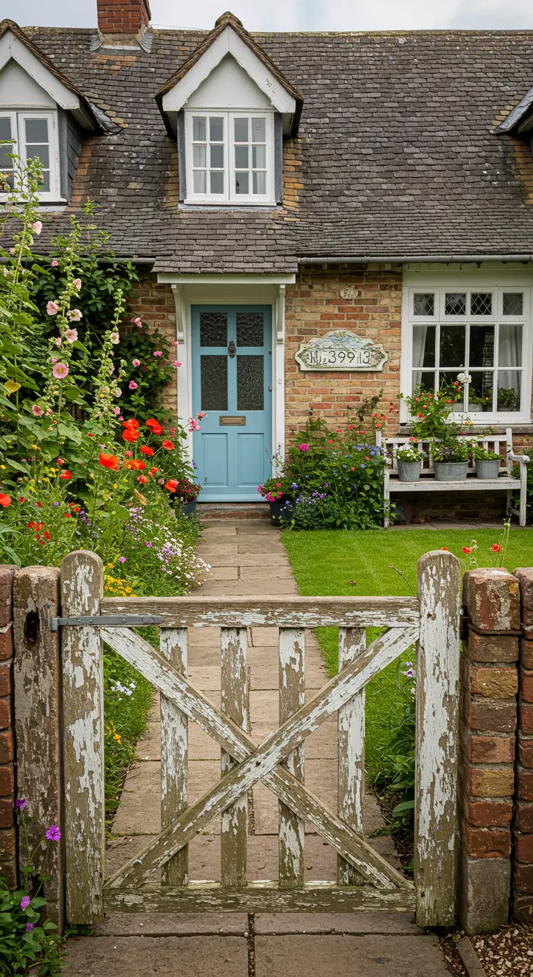 Typisch Engels huisje met een verweerd wit tuinhekje, bloemen en een blauwe deur.