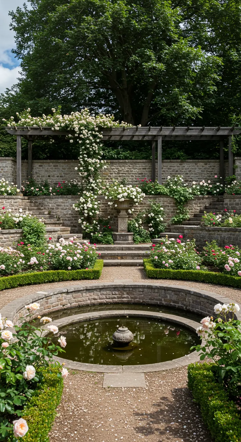 Rustieke tuiningang met een houten hek, rozenboog en een ladder als plantenstandaard.