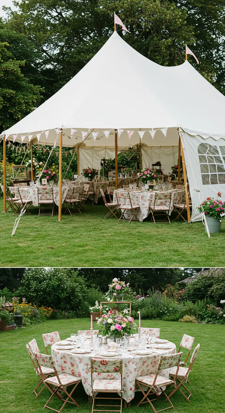 Partytent met tafels gedekt met bloemenpatronen voor een tuinfeest.