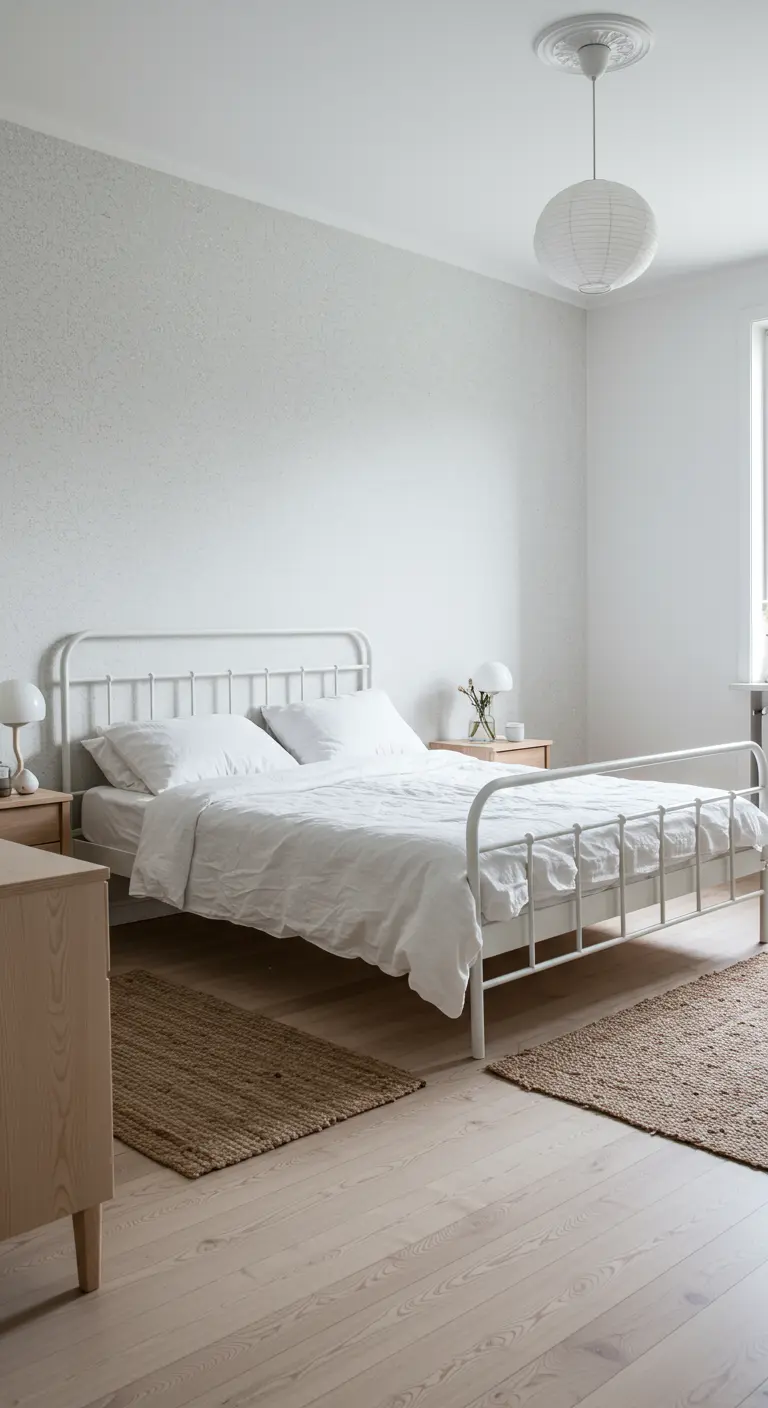Slaapkamer met wit ijzeren bed, jutten vloerkleden, houten nachtkastjes en ronde lampen.