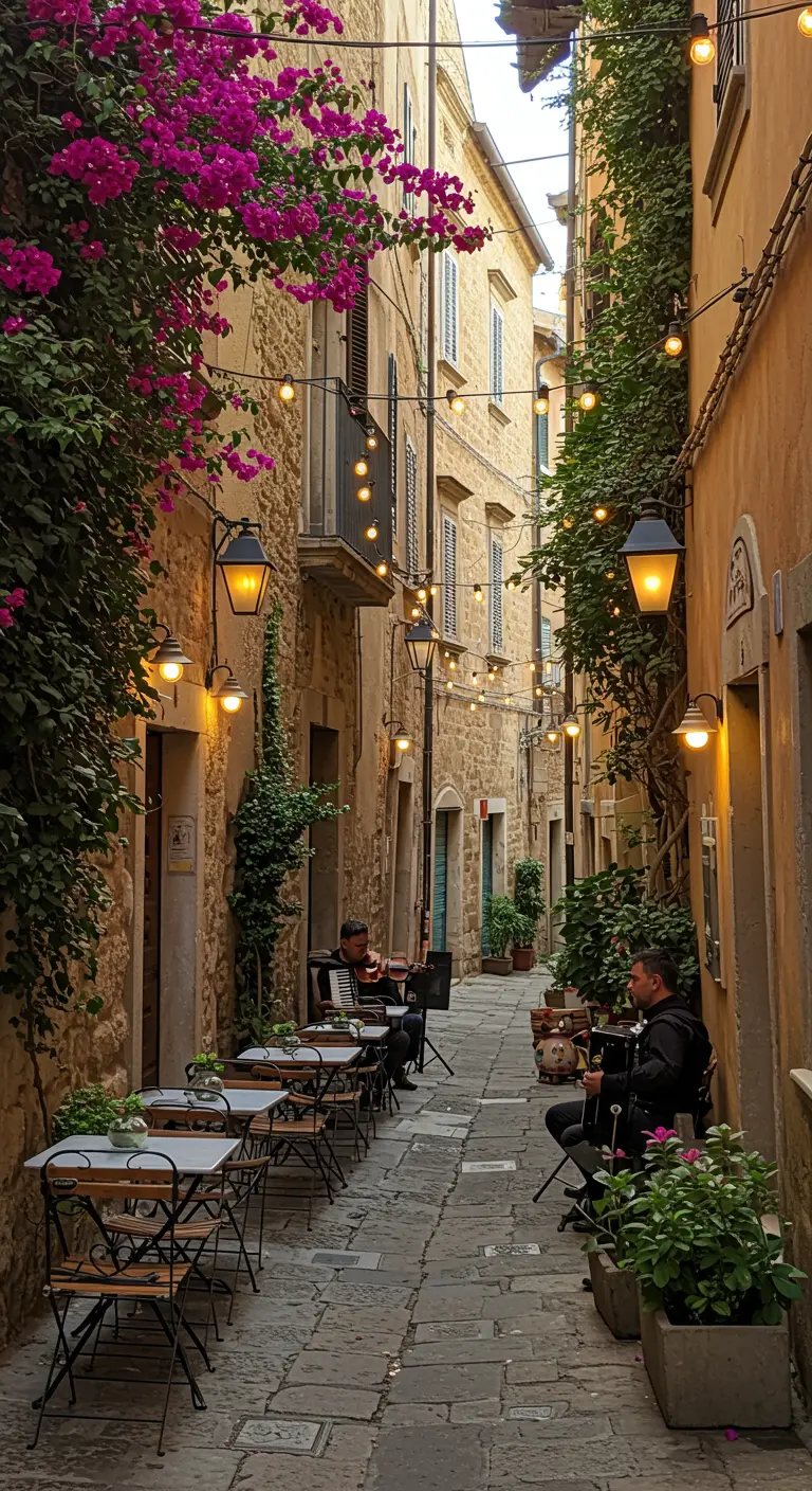 Dineropstelling in een smal Italiaans steegje met lichtsnoeren, bougainville en livemuziek.