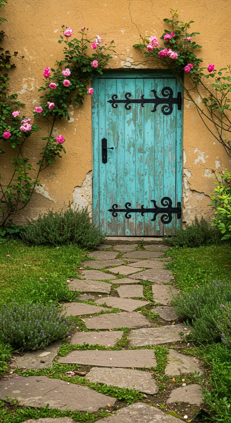 Een oude, turquoise geverfde houten deur in een okergele muur, omringd door rozen.