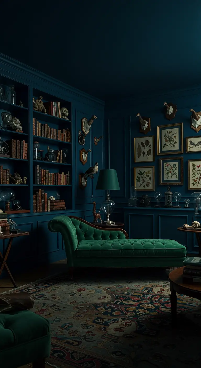 Donkerblauwe woonkamer ingericht als bibliotheek met een groene chaise longue en een wand vol prenten.