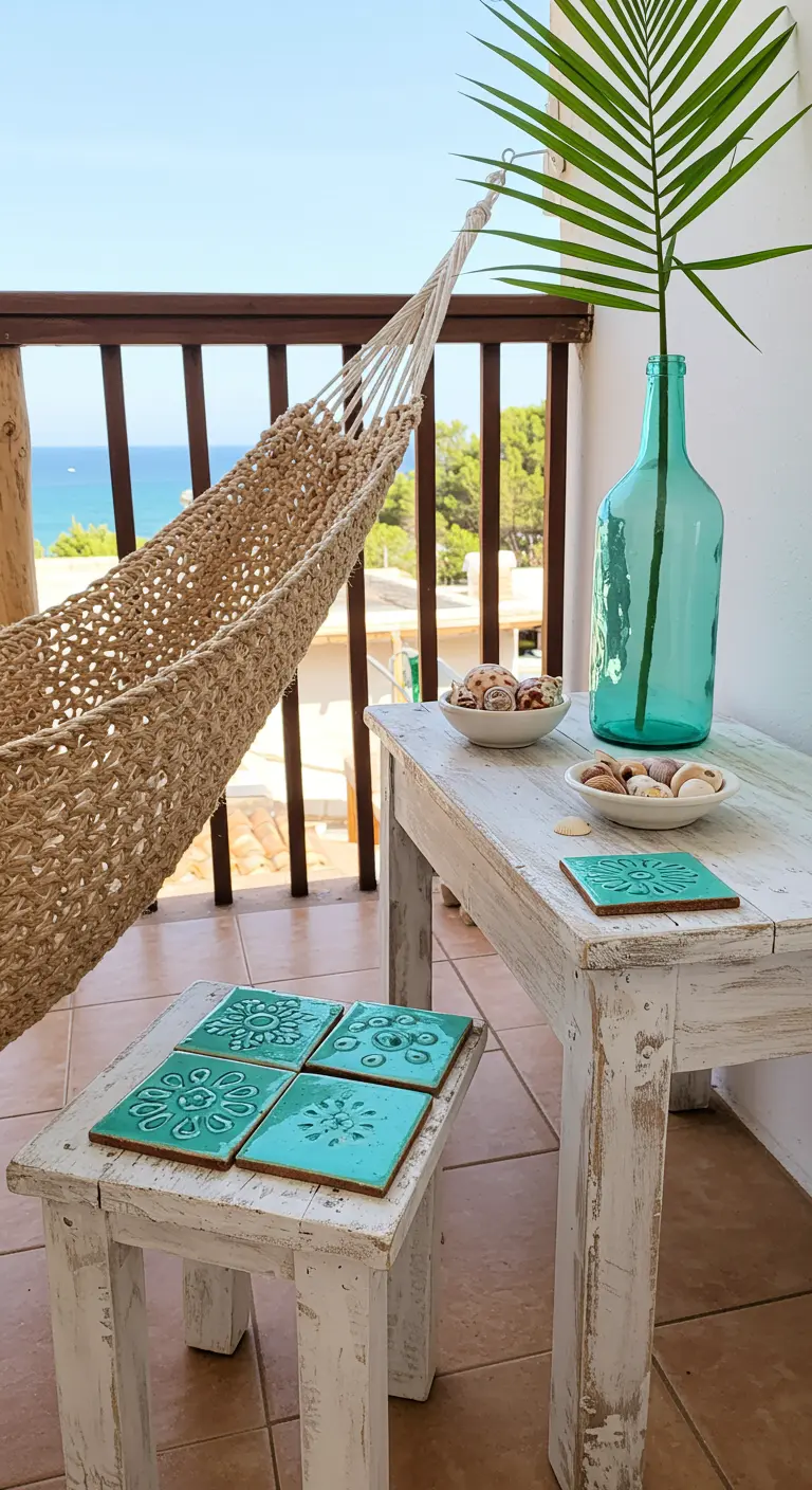 Balkon met witgekalkte meubels, een jute hangmat en turquoise tegels als decoratie.