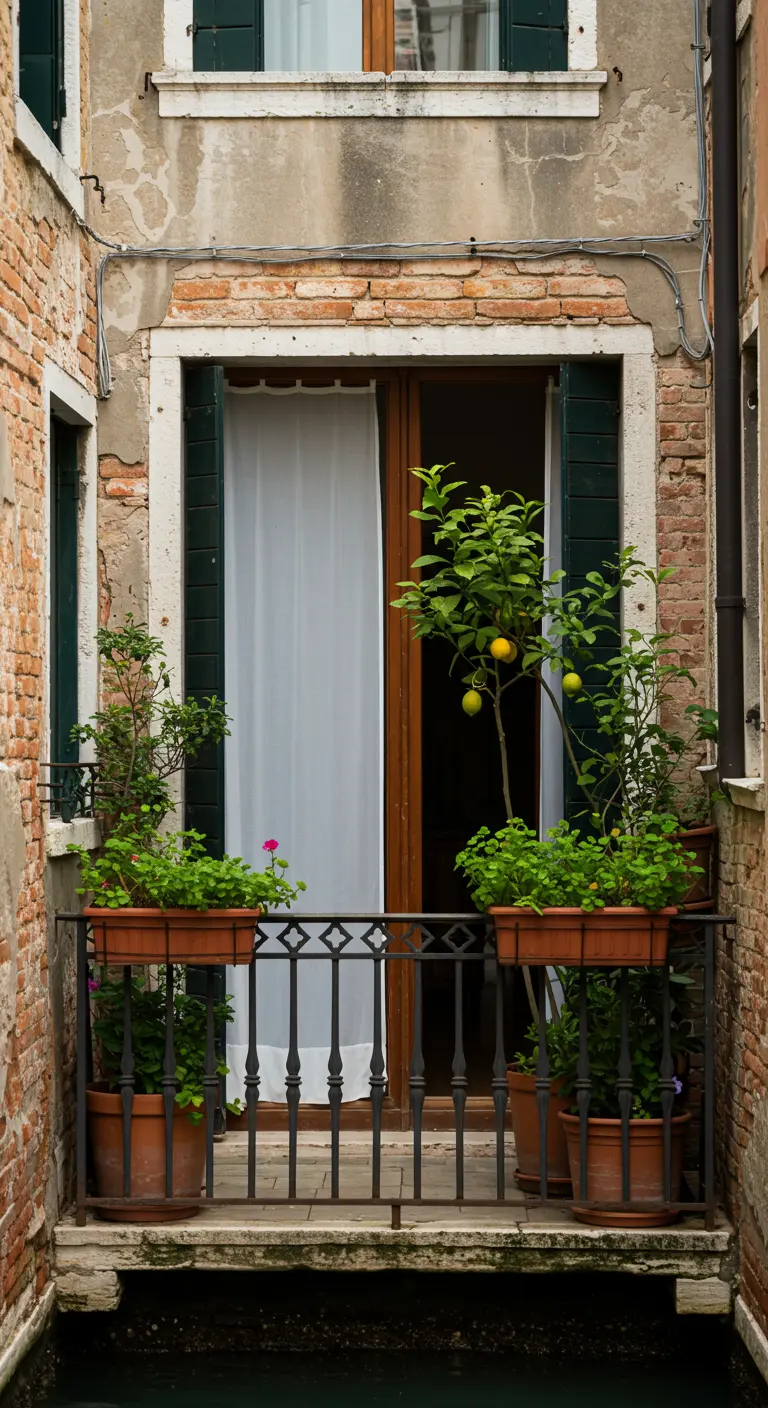 Smal Italiaans balkon met een citroenboom en terracotta potten