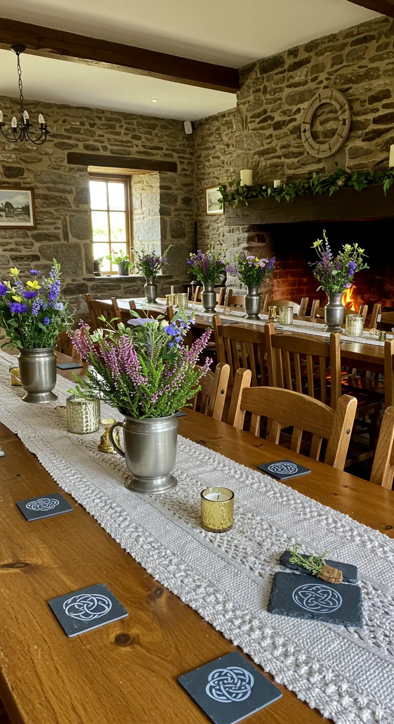 Houten tafel in een rustieke ruimte met tinnen kannen vol kleurrijke veldbloemen.