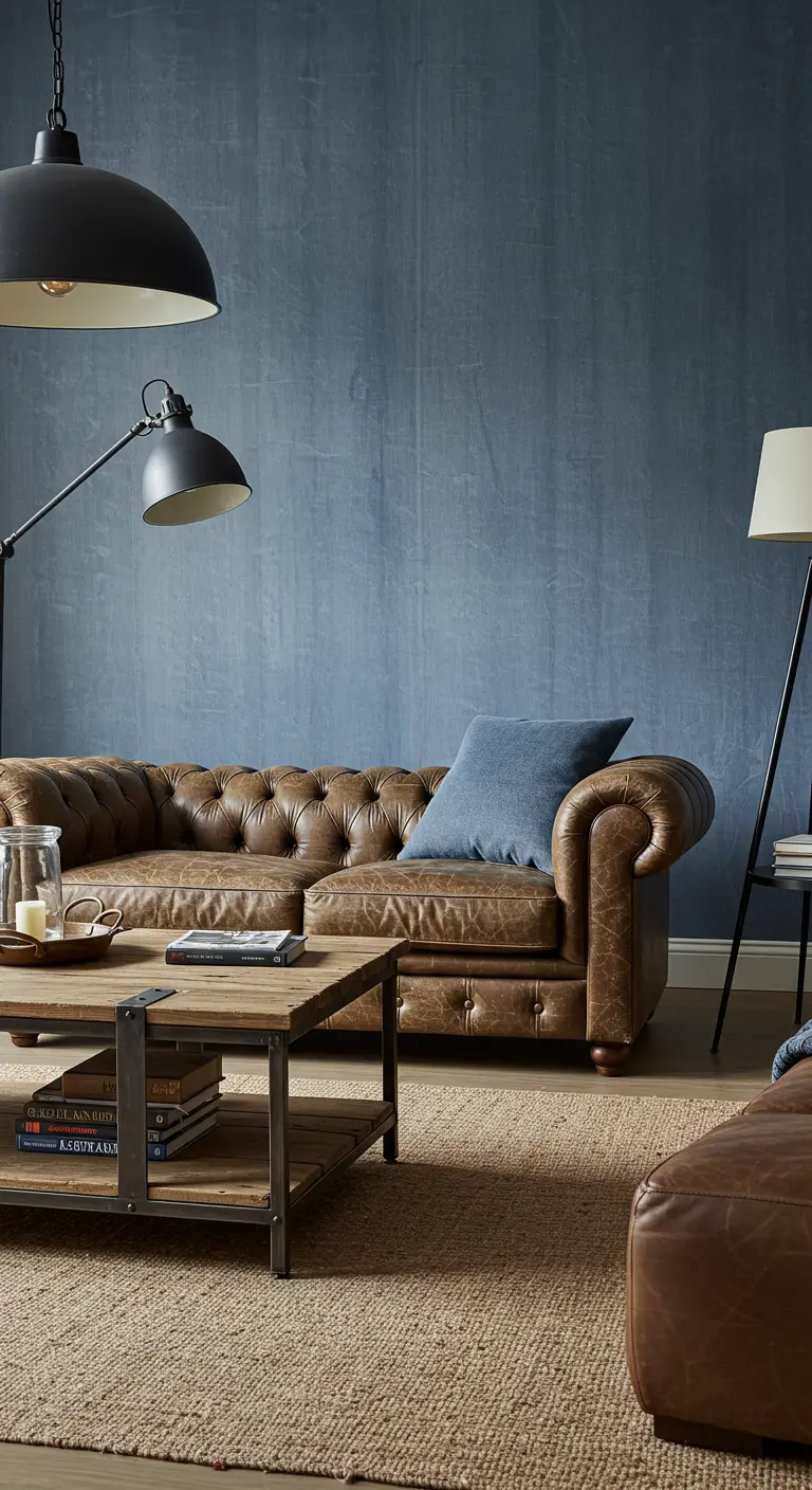 Bruine leren Chesterfield-bank voor een verweerde, blauwgrijze muur.