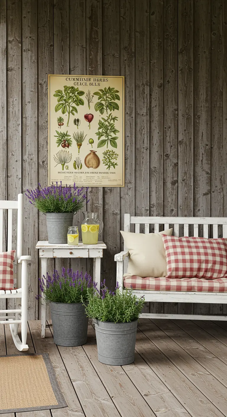 Landelijke veranda met houten wand, witte bankjes en een vintage poster van kruiden.