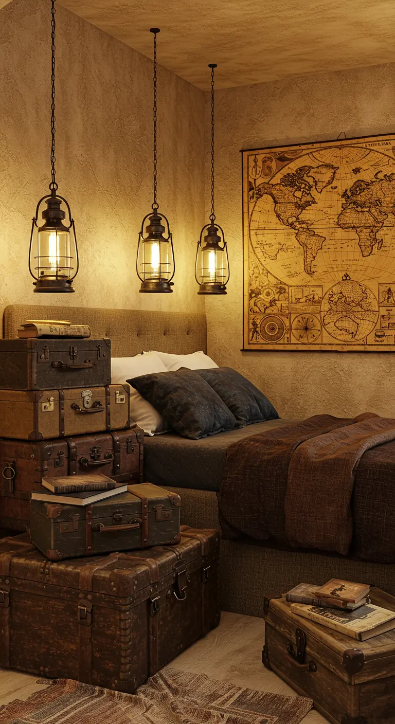 Slaapkamer met een stapel vintage koffers als nachtkastje en een wereldkaart aan de muur.