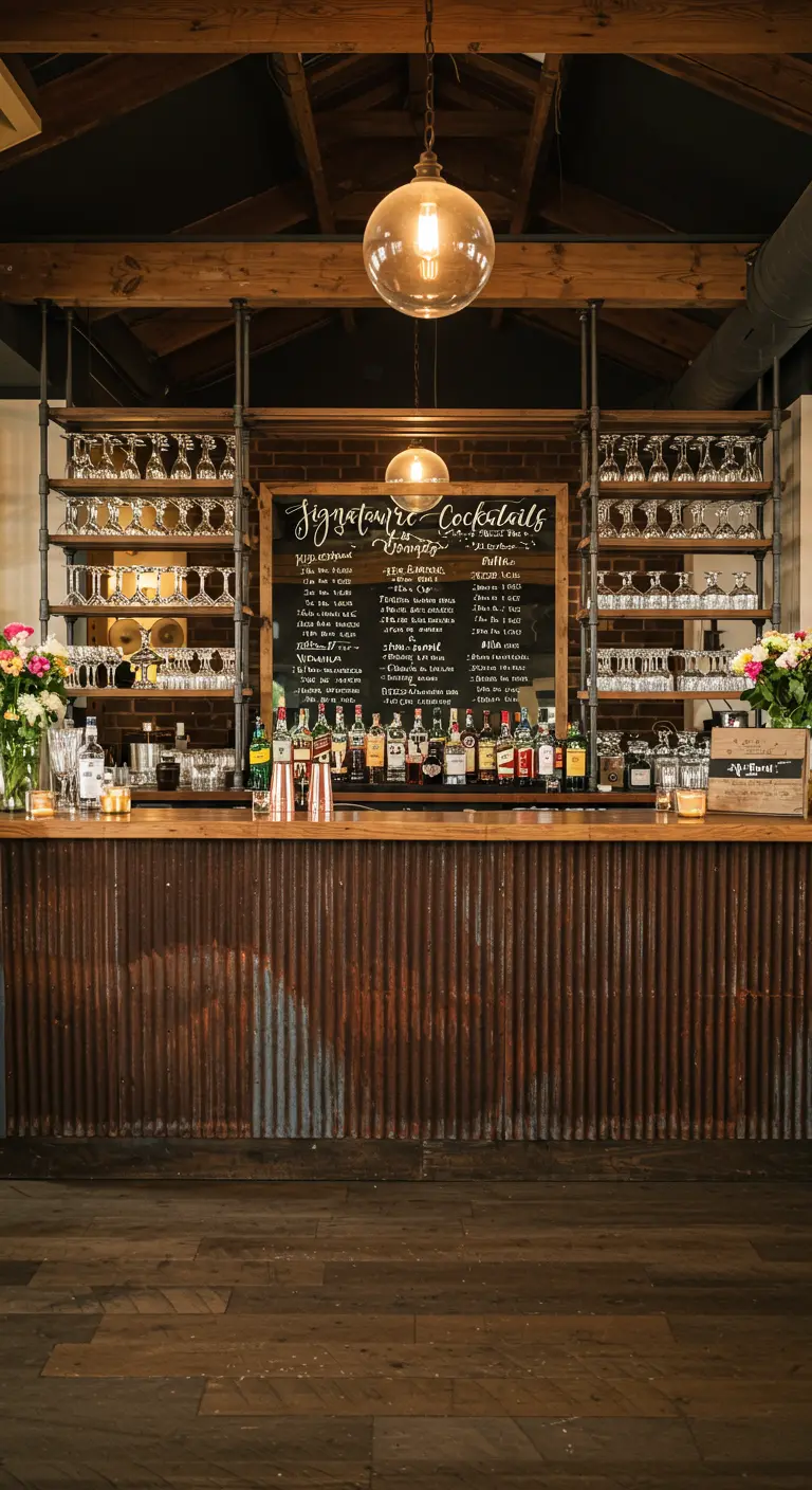 Industriële bar gemaakt van verweerd golfplaat en hout, met een krijtbord menu.