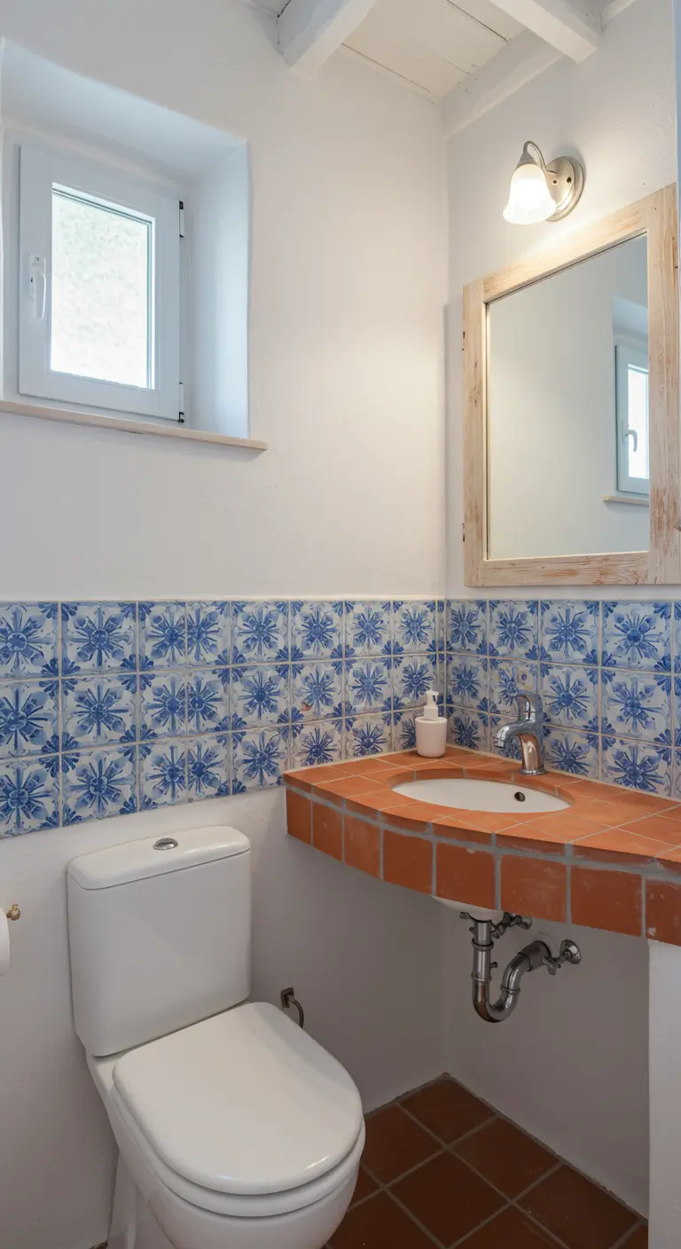 Compact toilet met blauwe patroontegels en een op maat gemaakte terracotta wastafel.