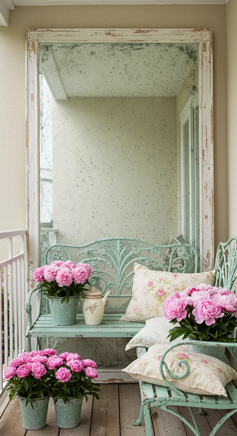 Grote, verweerde spiegel achter een mintgroen metalen bankje met roze bloemen.
