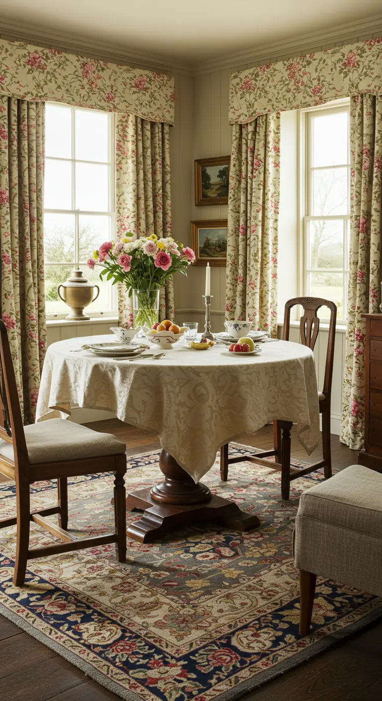 Landelijke Engelse eetkamer met gebloemde gordijnen en een bijpassend tafelkleed op een ronde tafel.