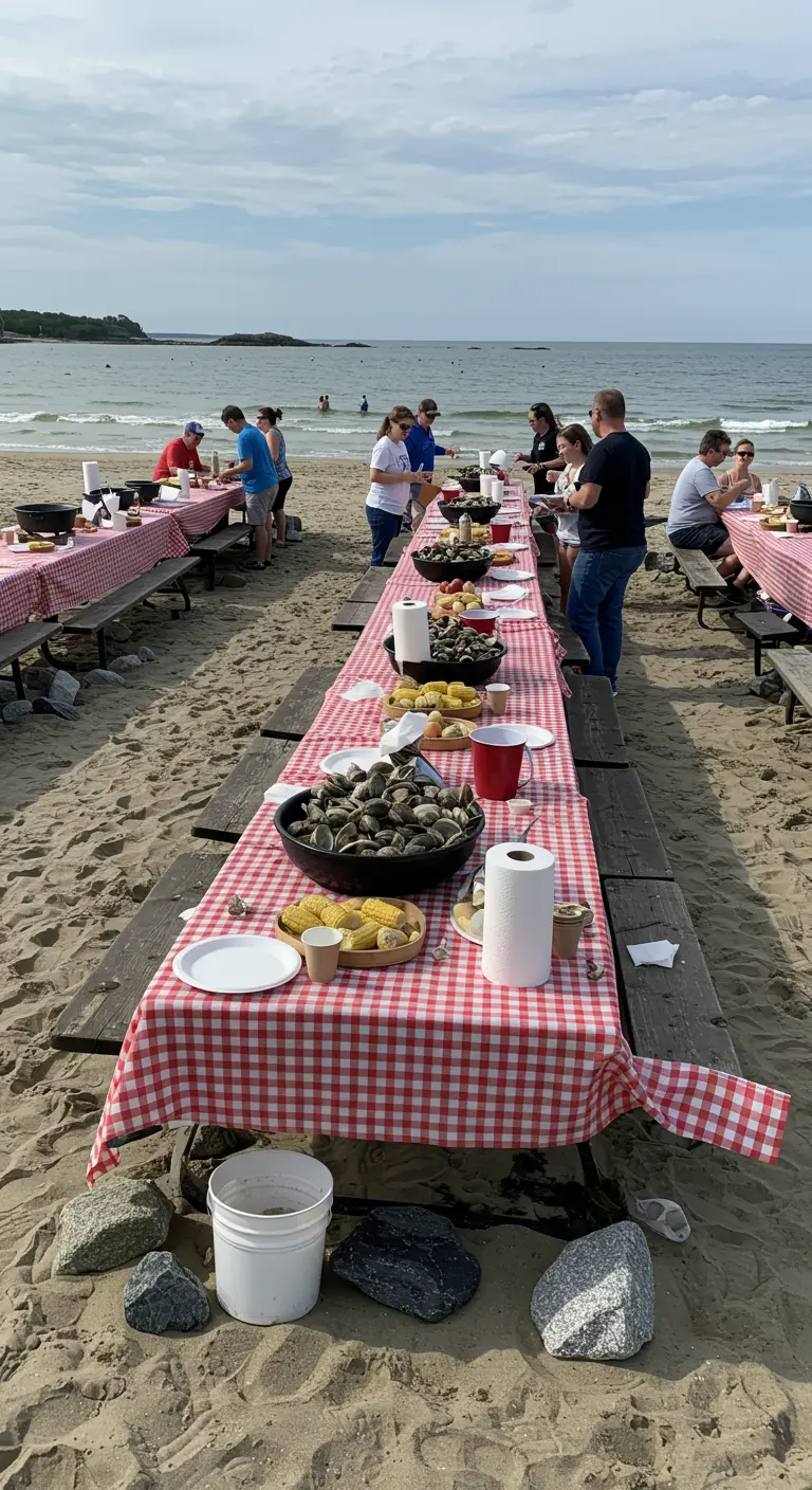 Lange picknicktafels op het strand met rood-wit geblokte tafelkleden en schalen met eten.