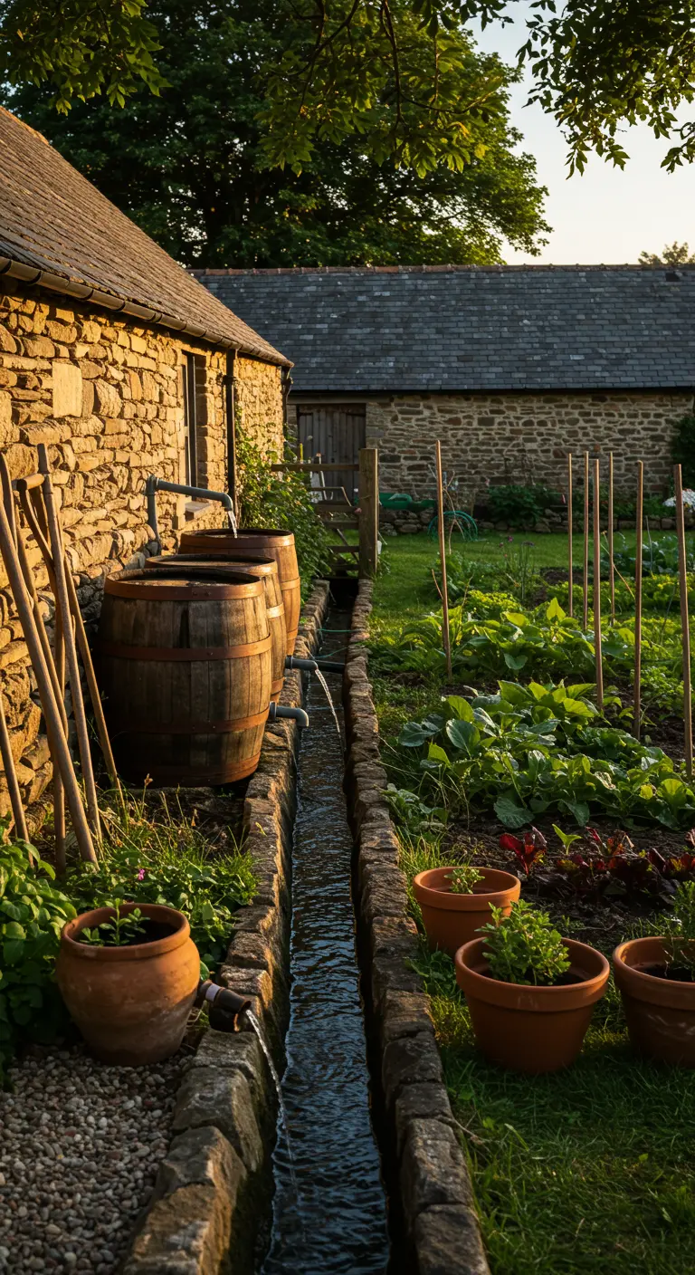 Twee oude houten regentonnen in een rustieke moestuin met een stenen watergoot.