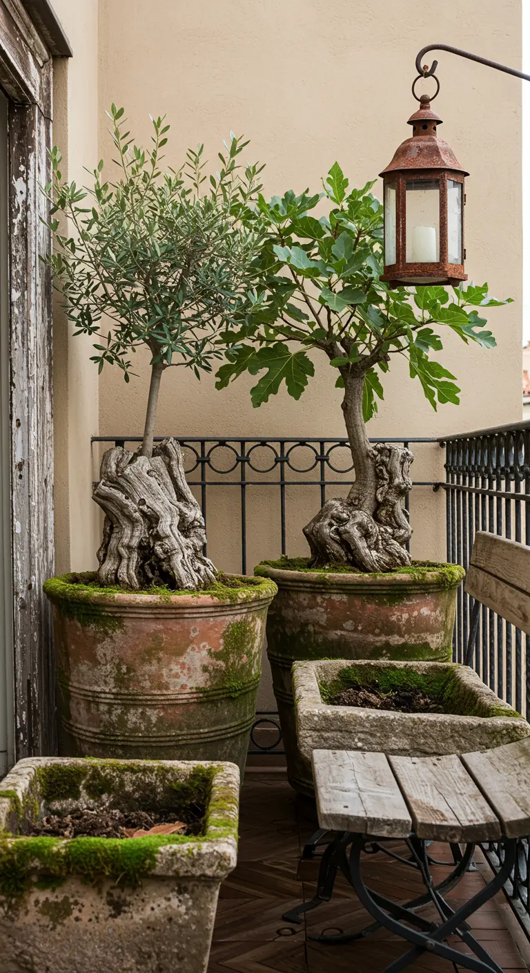 Oude, met mos begroeide potten met knoestige olijf- en vijgenbomen op een balkon.