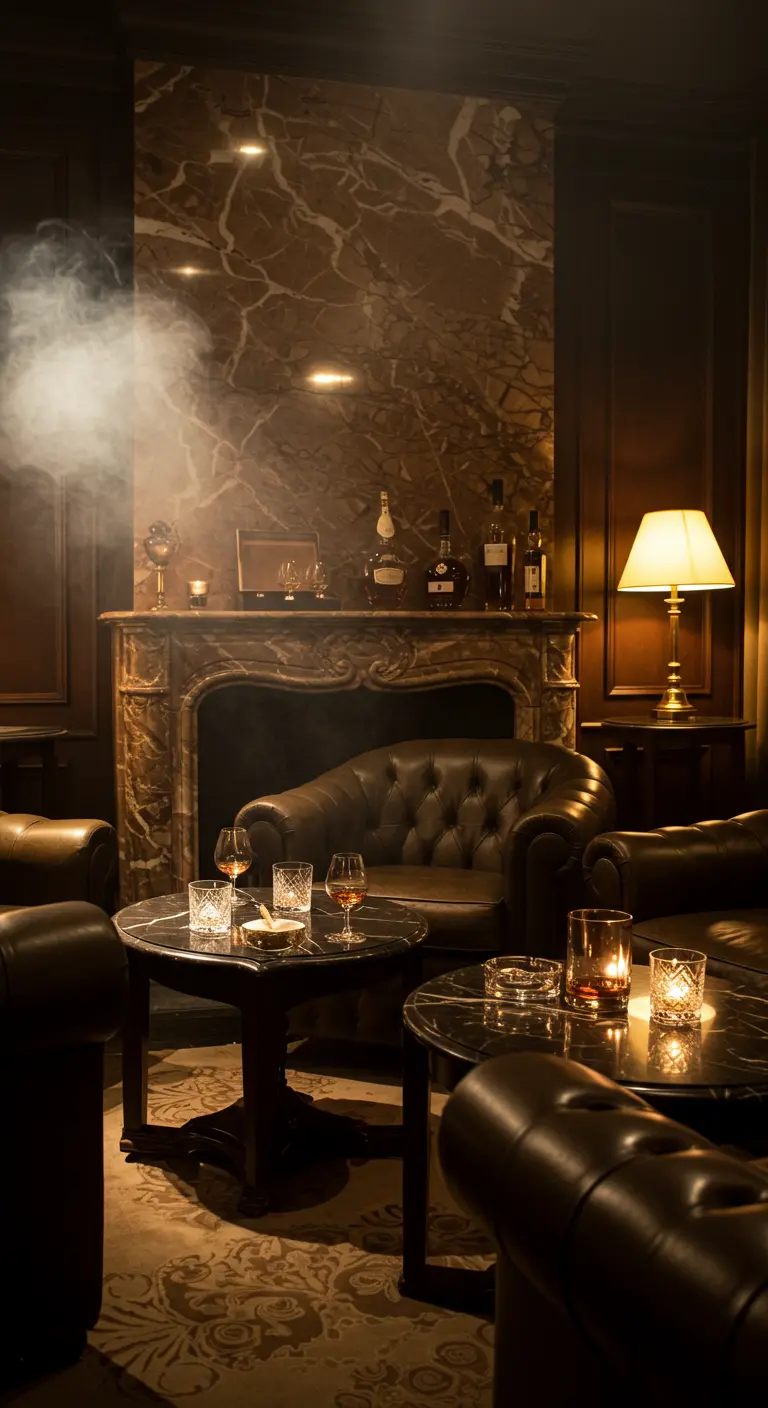 Intieme loungehoek met leren Chesterfield-fauteuils, een marmeren schouw en rook.