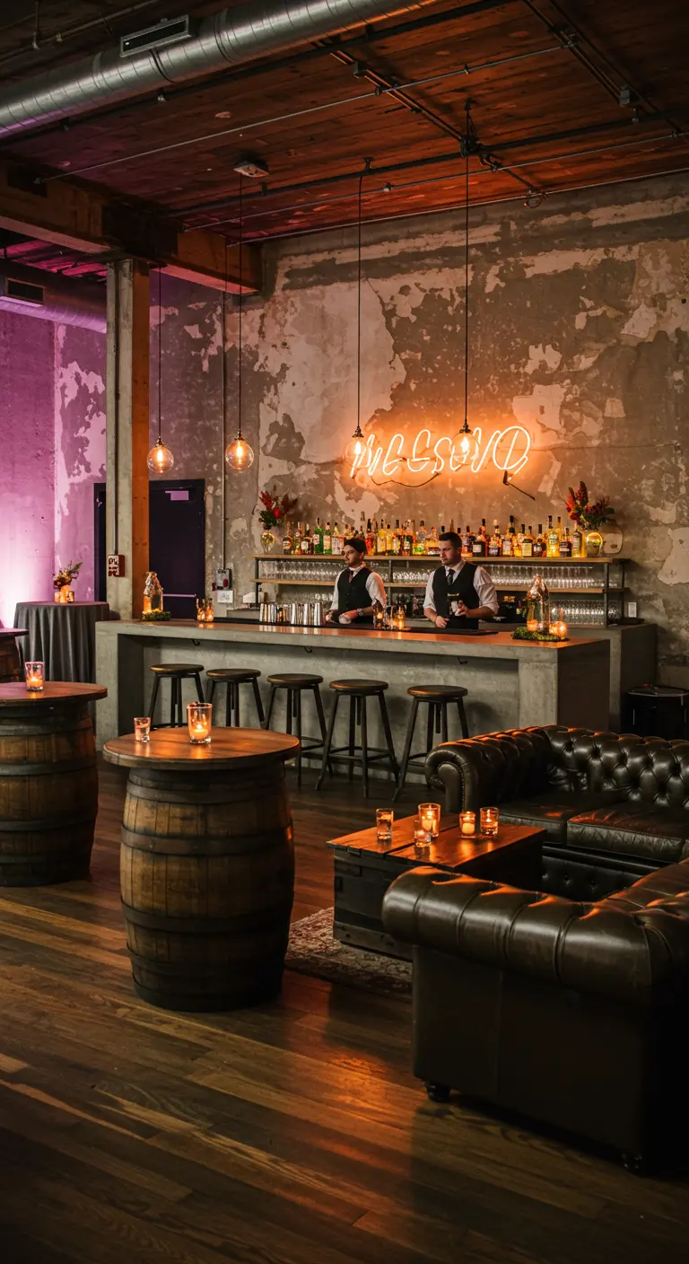 Loungehoek op een bruiloft met een leren Chesterfield-bank, wijnvaten en een neon-bord boven de bar.