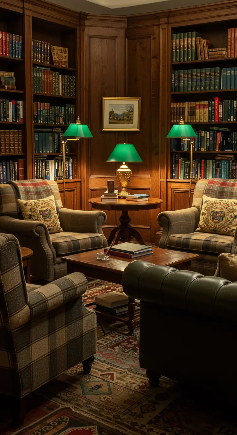 Klassieke bibliotheek met fauteuils en kussens in Schotse ruit.