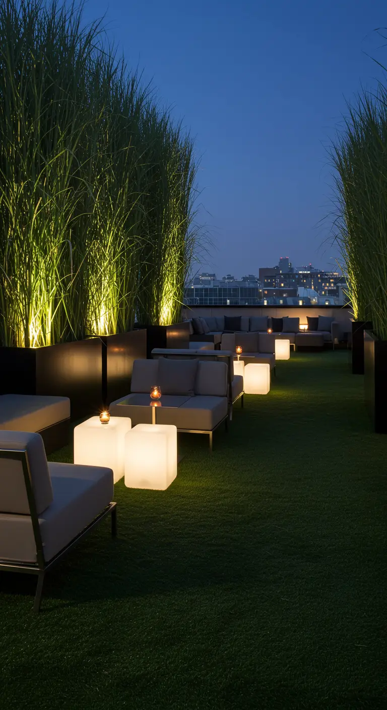 Luxe dakterras met loungebanken, hoge grassen en lichtgevende kubussen als verlichting.