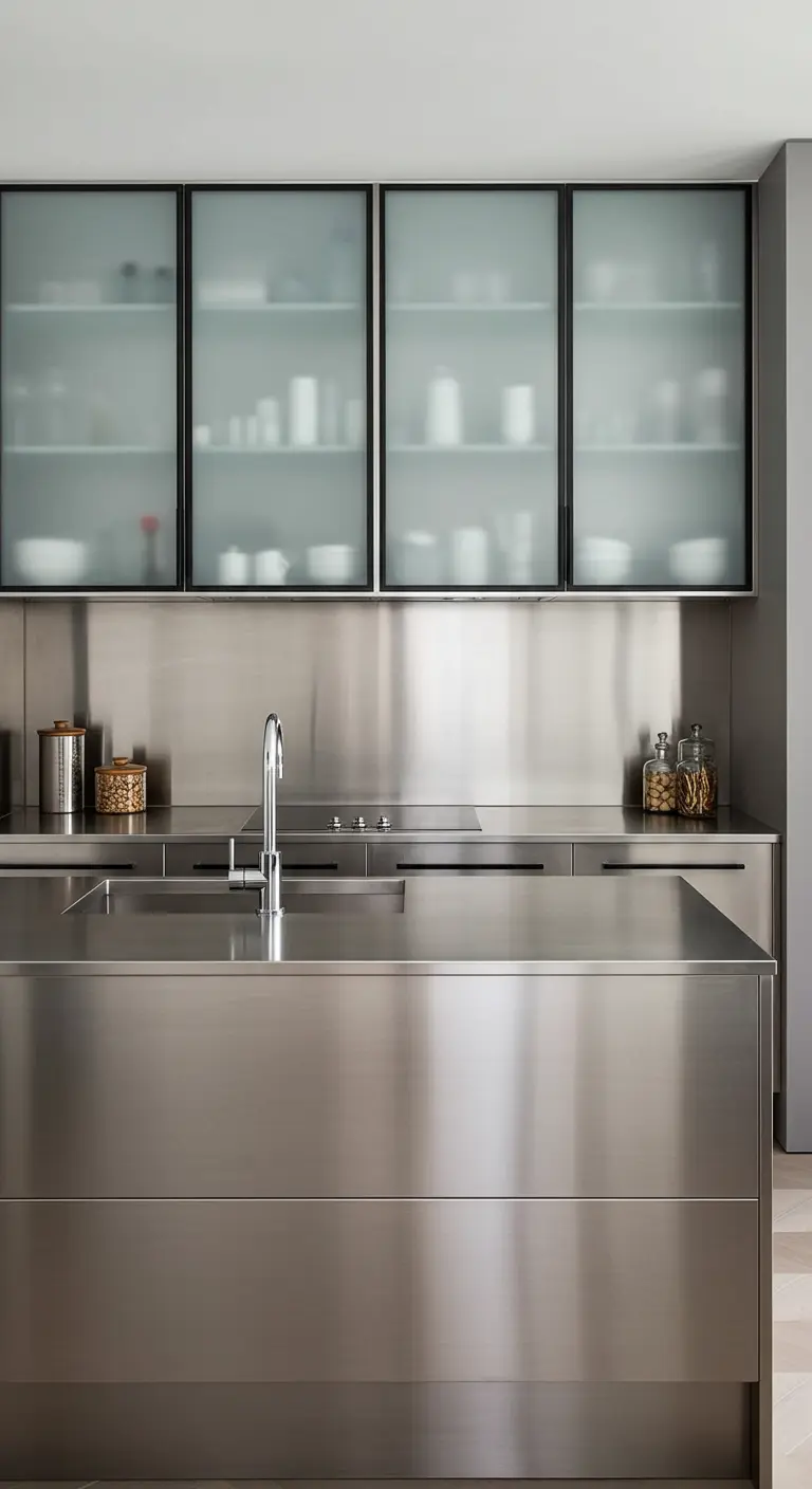 Moderne keuken van roestvrijstaal met bovenkasten van matglas en een houten vloer.