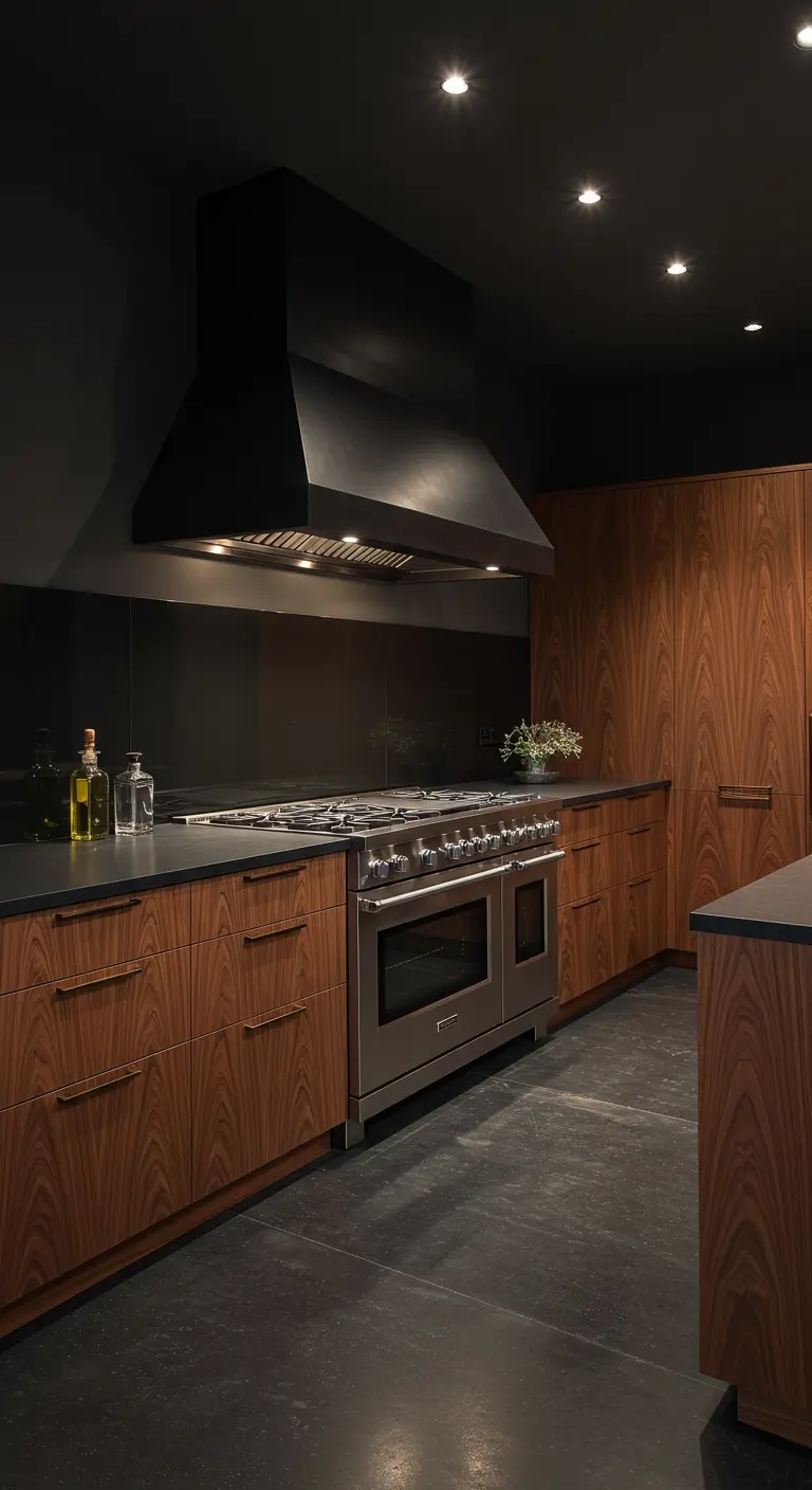 Luxe keuken met donkere walnoot houten kasten, een donkere betonvloer en een grote zwarte afzuigkap.